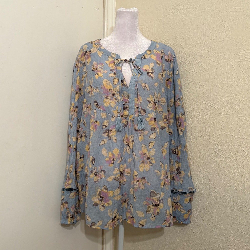 Light Blue Floral Tassel Tie Neck Peasant Tunic Blouse Boho Long Sleeve Top XL
